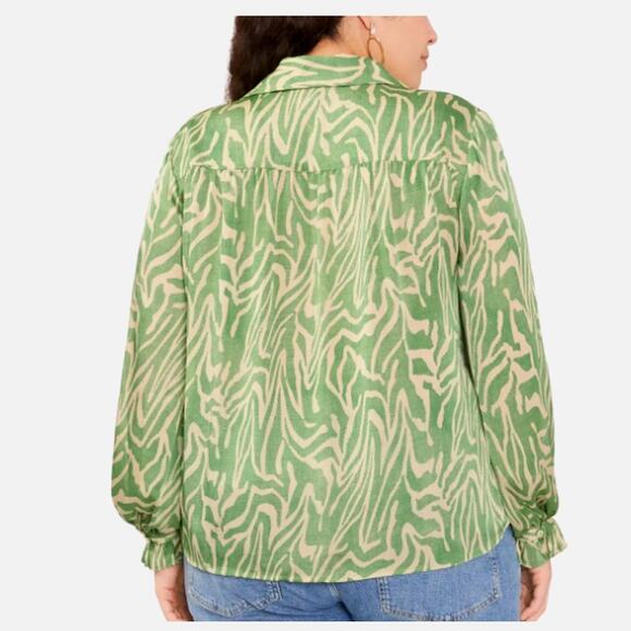 Vince Camuto Abstract Zebra Print Blouse Ruffle Top | Plus 3X, Green Cream NEW - Picture 2 of 14